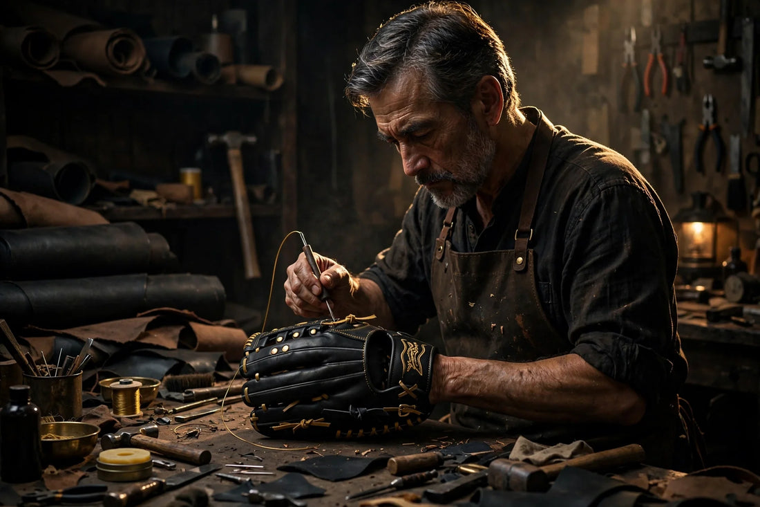 Craftsman hand-stitching a custom baseball glove