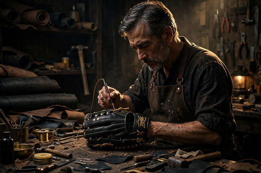 Craftsman hand-stitching a custom baseball glove