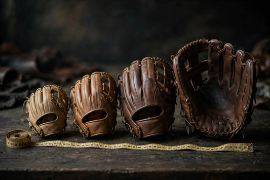 Baseball gloves in graduated sizes with measuring tape