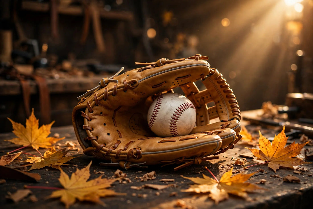 Custom Ronin baseball glove on a workbench with autumn leaves
